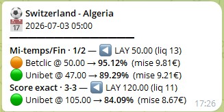 Alerte foot réelle — Suisse-Algérie, marchés mi-temps/fin et score exact : conversion jusqu'à 95,12 %