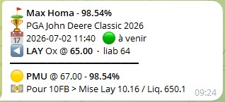 Alerte golf réelle — Max Homa, PGA John Deere Classic : conversion 98,54 % sur PMU