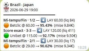 Alerte foot réelle — Brésil-Japon, marchés mi-temps/fin et score exact : conversion jusqu'à 95,43 %